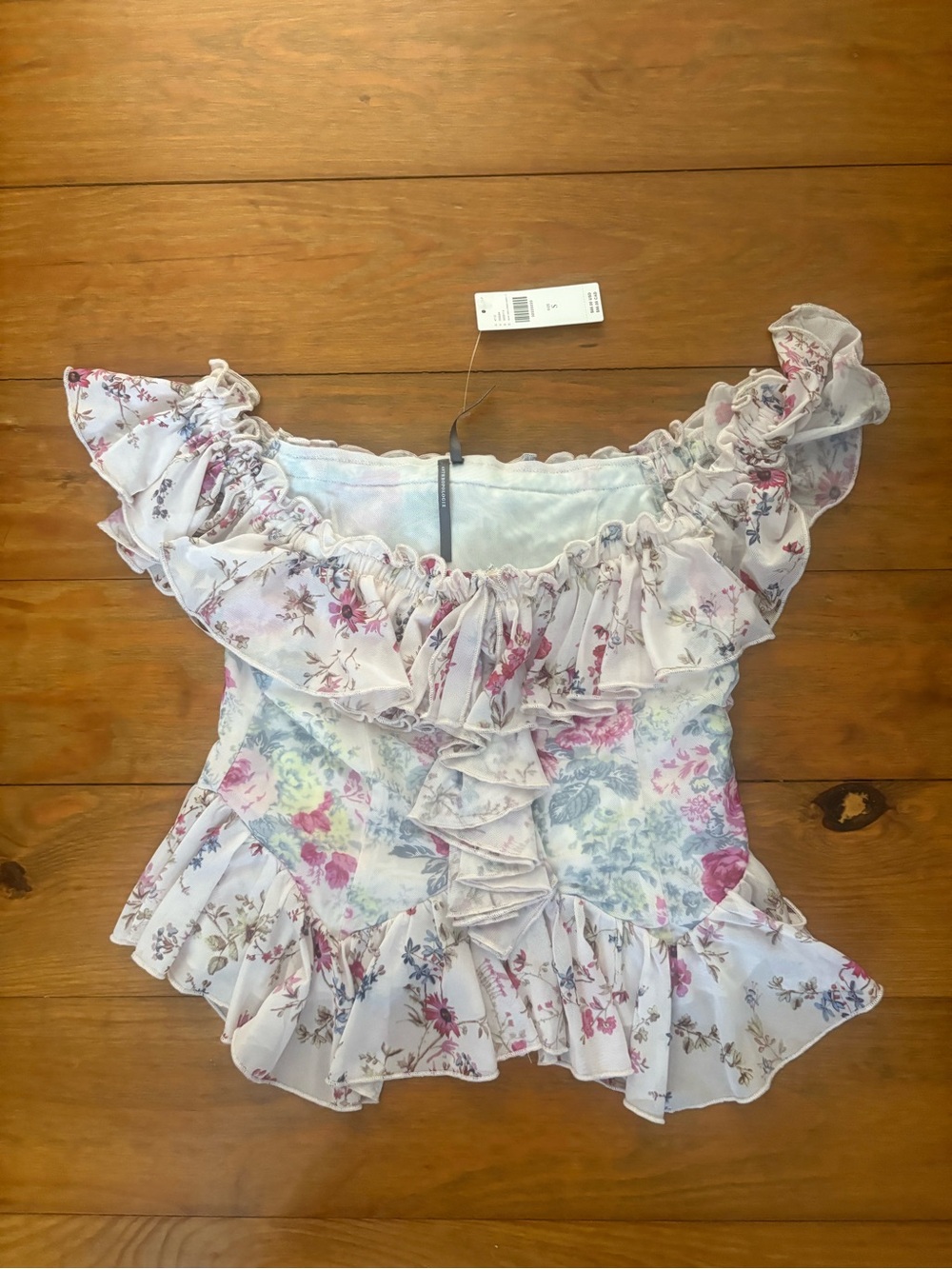Anthropologie Floral Ruffle Off-Shoulder Crop Top - Pink, White